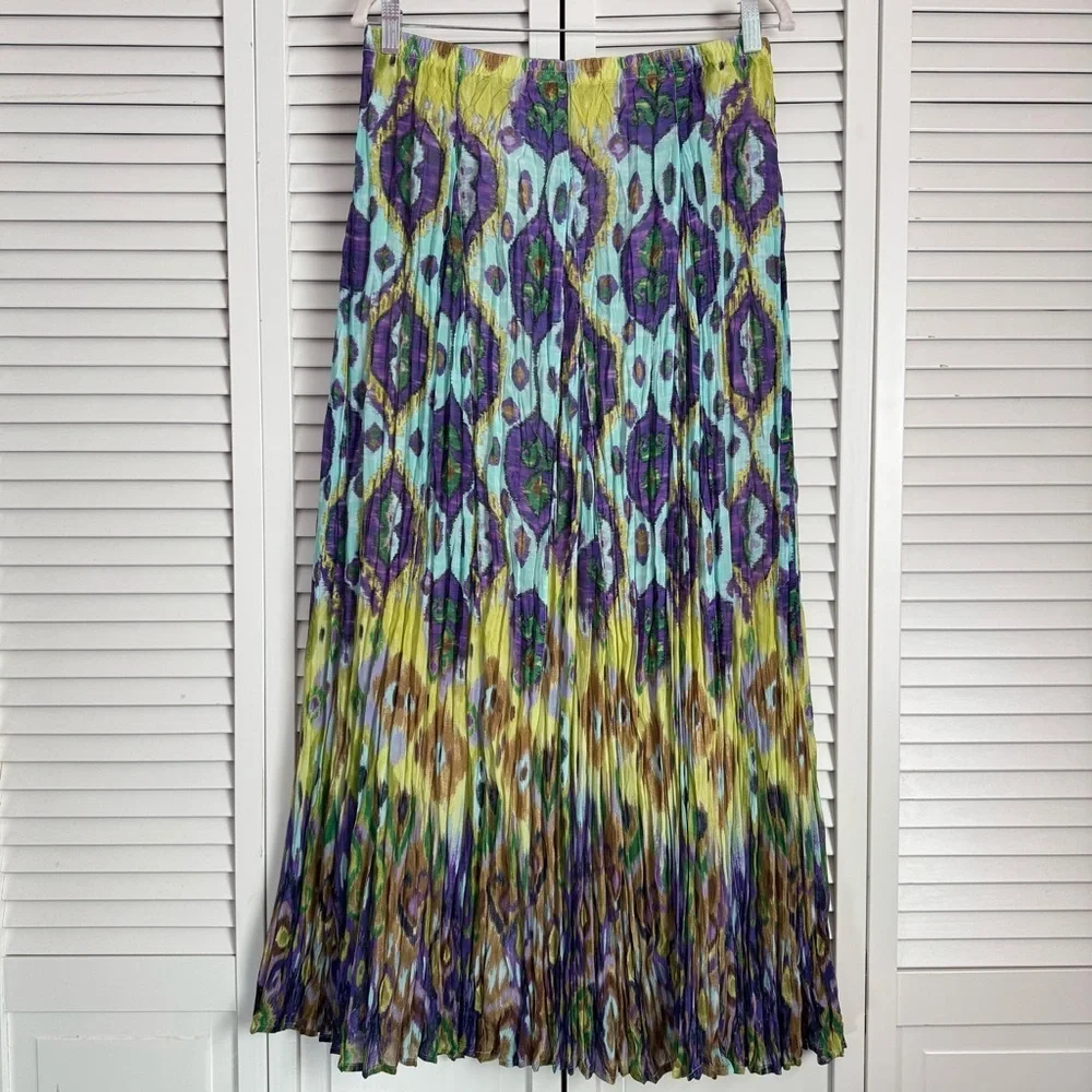 Chico's Pleated Crinkle Broomstick Pull-On Maxi Skirt Abstract Peacock Size 1